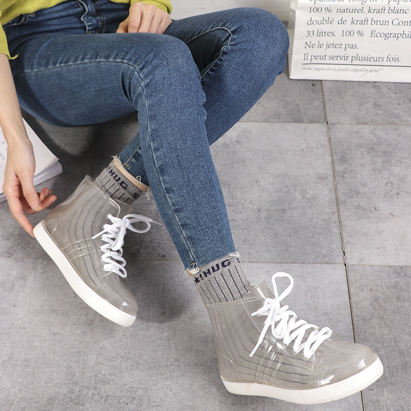 "Nova bota de chuva feminina à prova dwaterproof água sapatos moda transparente quente antiderrapante botas planas a menina coringa overshoes botas de chuva