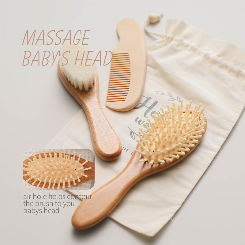 Pente de cabelo do bebê com cabo de madeira Escova Natural Soft Wool, Pente de massagem recém-nascido, Bebês Meninos e Meninas Chuveiro