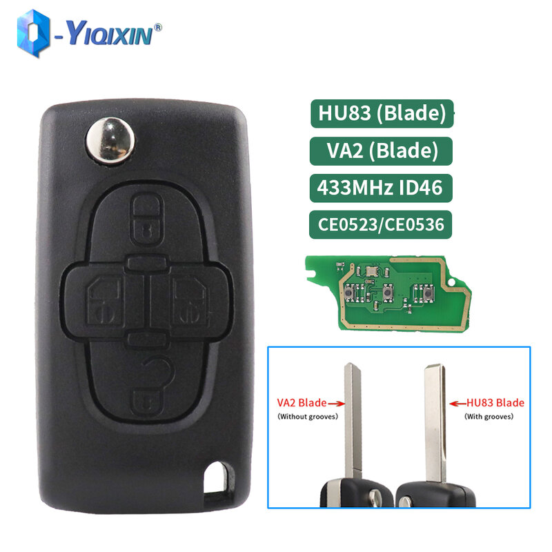 YIQIXIN-llave remota de coche CE0523 ASK para Peugeot 807, 1007, 433Mhz, 4 botones para Citroen C8 2002-2014, VA2/HU82 ID46, Chip PCF7941
