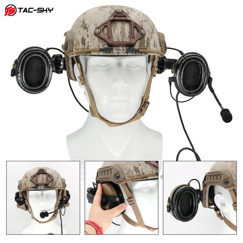 TAC-SKY 에어소프트 스포츠 전술 COMTAC II 헤드폰 헬멧, ARC 트랙 브래킷, 실리콘 귀마개 헤드폰 DE