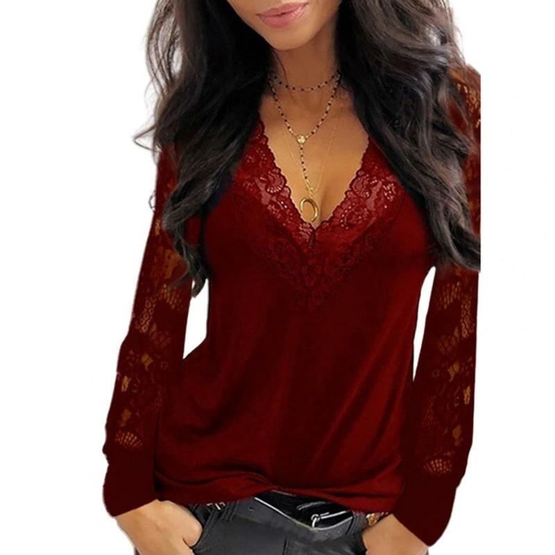 Женский топ, пуловер, сексуальная женская прозрачная блузка с глубоким V-образным вырезом и кружевной отделкой, с длинным рукавом, однотонная винтажная блузка, рубашка, 2021