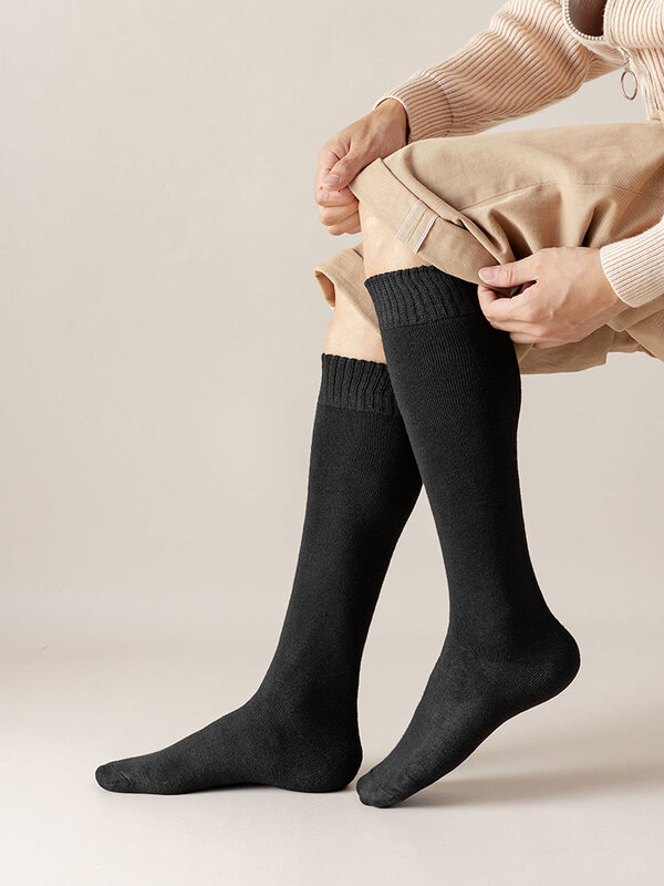 Chaussettes épaisses au genou pour hommes, en coton chaud d'hiver, décontractées, noires, longues, 3 paires