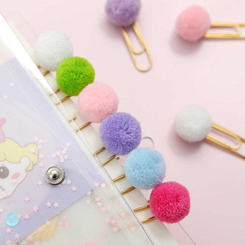 6Pcs/lot Cute Colored Hair Ball Metal Paper Clip Office Lady Style School Stationery Photo Decorative Supply Stationery