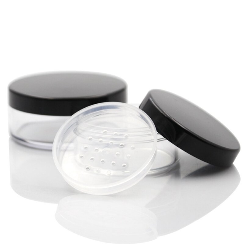 Jarra de plástico solto para pó com peneira, 30g/50g recipiente cosmético vazio tampa preta fosca, maquiagem compacta, portátil, caixa de pó solto