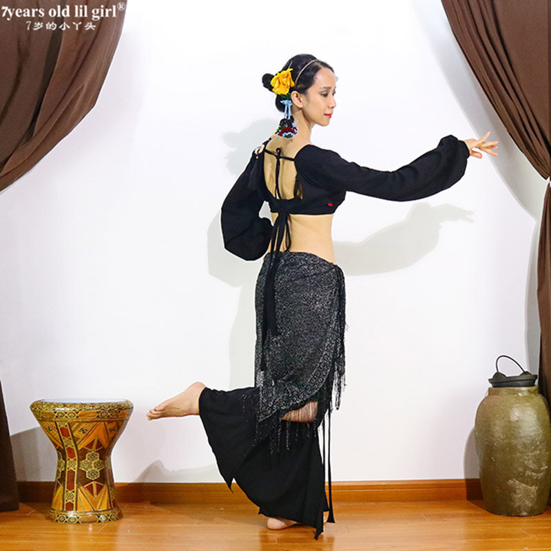 Modalne bawełniane ATS styl plemienny topy do tańca brzucha Sexy V Neck Design Backless latarnia rękaw topy dla kobiet DSS01-4