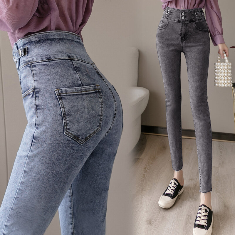 Bolsos lavados calças jeans 2020 outono inverno das mulheres de cintura alta elástico lápis calças denim magro magro sexy calças femininas 75g