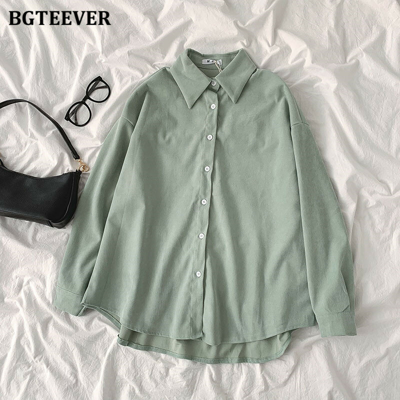 BGTEEVER 2021 Spring Thick Basic Solid Shirts for Women Turn-down Collar Ladies Single-breasted Blouses Tops Female Loose Blusas