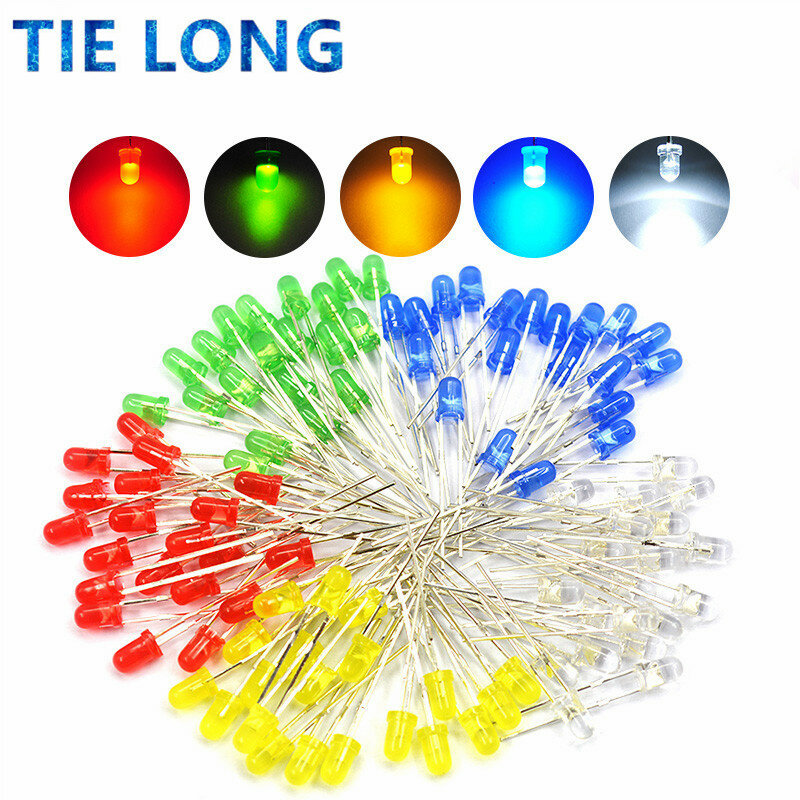 Kit surtido de luces LED para manualidades, Set de luces de 3mm, 100 piezas, blanco, amarillo, rojo, verde y azul, 5 tipos X 20 piezas = 100 piezas