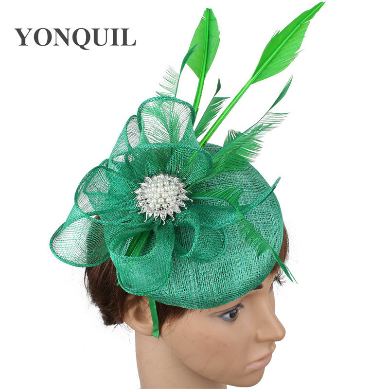 Topi Fedora Formal pesta Vintage, kualitas tinggi 4 Lapis hijau Sinamay Fascinator topi bando pesta pengantin klip hiasan kepala