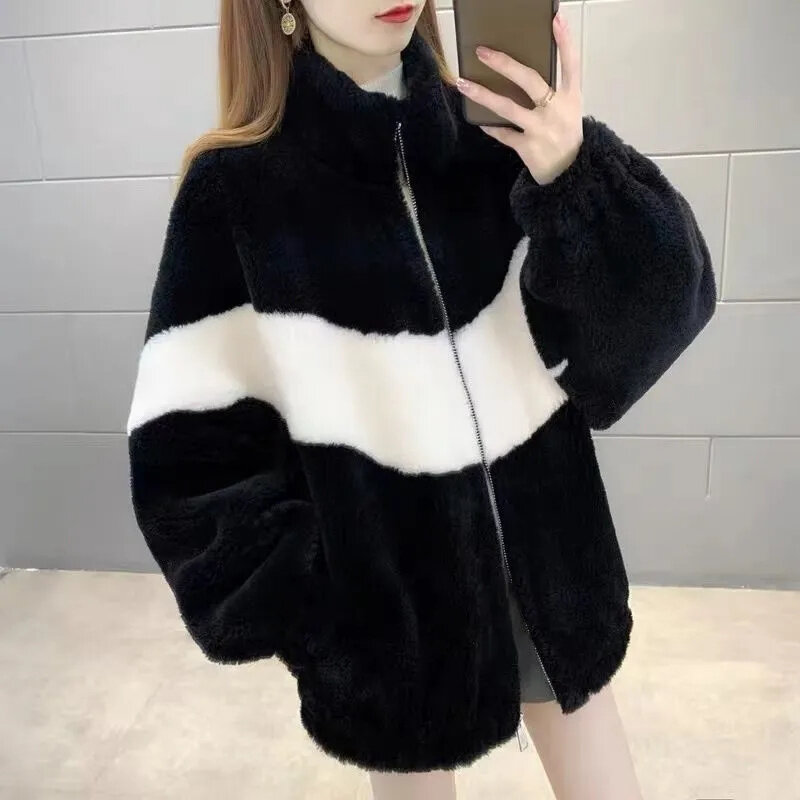 2024 New Plus Cotton Thickened  Lamb Hair Particles Stand-Up Collar Sweatershirt Women Color Matching Imitate Rabbit Fur Coat