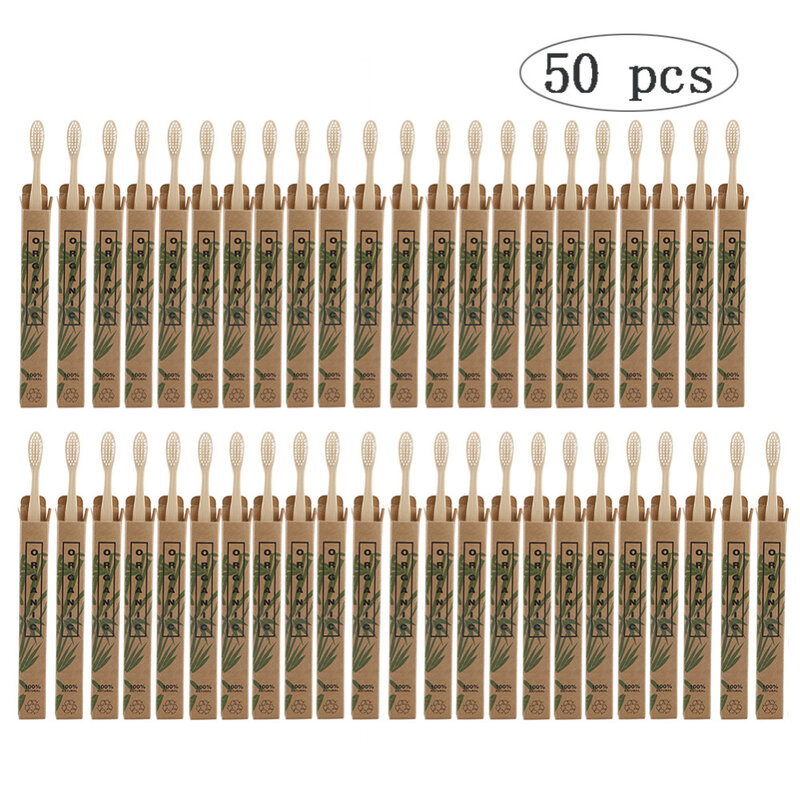 Paquet de 50 brosses à dents en bambou naturel brosses à dents en bois poils souples brosse à dents en Fiber de Capitellum soins bucco-dentaires écologiques en gros