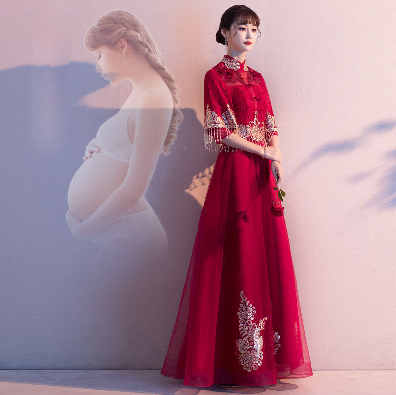 Vestido formal chinês de casamento, vestido com três quartos, cintura alta, malha com renda, gola mandarim, design para mulher grávida, zl629
