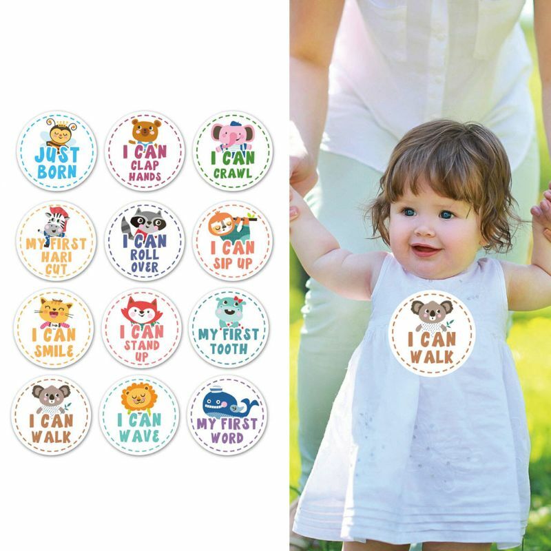 12 Buah Stiker Bulan Hewan Fotografi Bayi Kartu Peringatan Nomor Tonggak Peringatan Stiker Alat Peraga Foto Bayi Baru Lahir