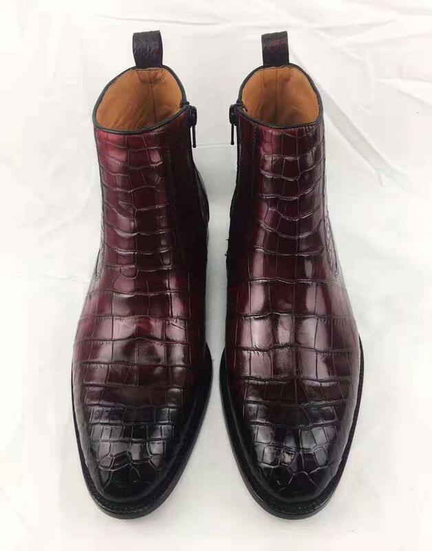Burgandy-Botas de invierno de piel de cocodrilo 100% auténtica para hombre, zapatos de invierno de 2 colores, con forro de piel de vaca auténtica