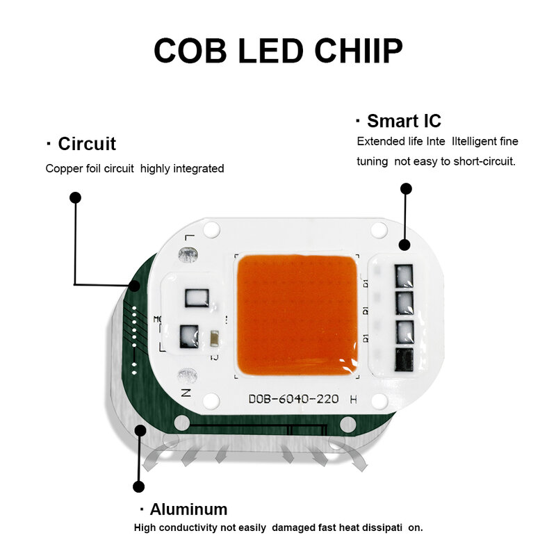 COB LED Lamp Bead Chip Smart IC No Need Driver AC 220V 240V 20W 30W 50W DOB Module For DIY Plant Grow Light LED Flood Light Bulb
