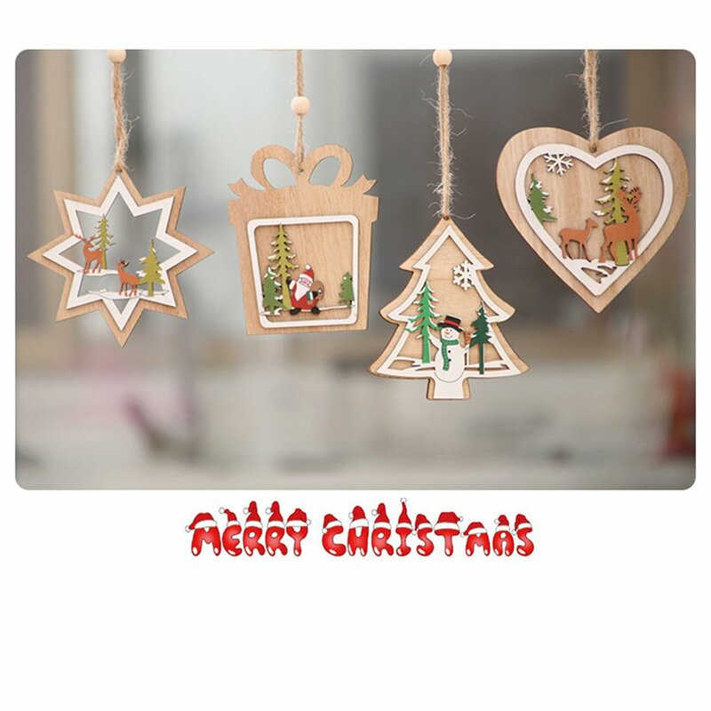 1pc 3d natal diy ornamento de madeira pendurado decorações da árvore de natal para festa em casa ano novo bonito presente
