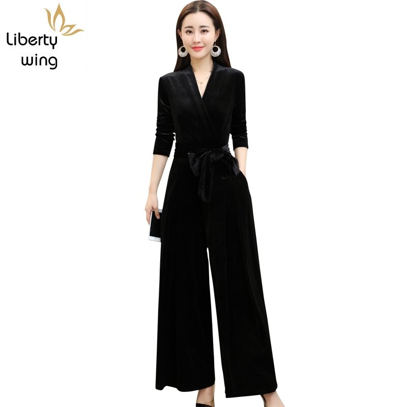 Комбинезон женский, с высокой талией, широкими штанинами, с V-образным вырезом, облегающий, в Корейском стиле, размера плюс
