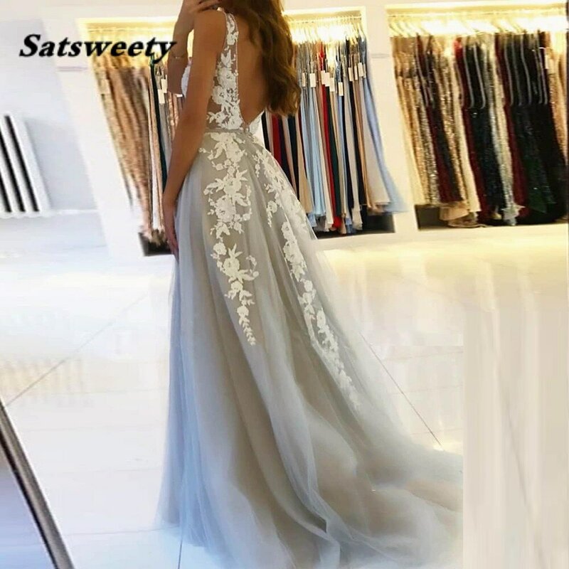 V Neck Long Prom Dresses For Women Sexy Gray Summer Backless White Lace Dubai Evening Party Gown New