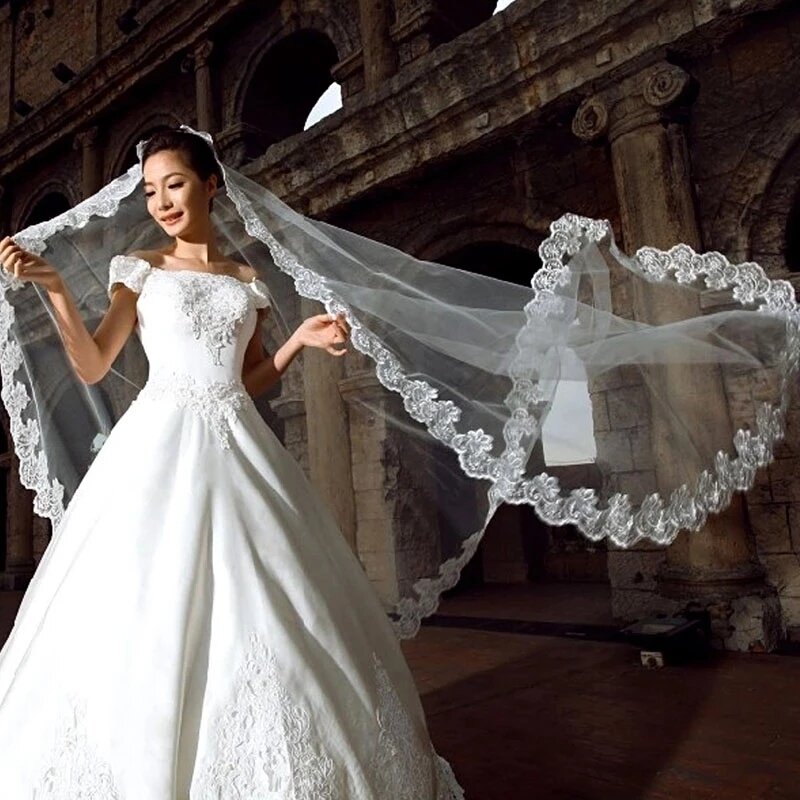 New Arrival White Ivory Lace Edge Bride Wedding Bridal Veil Trails