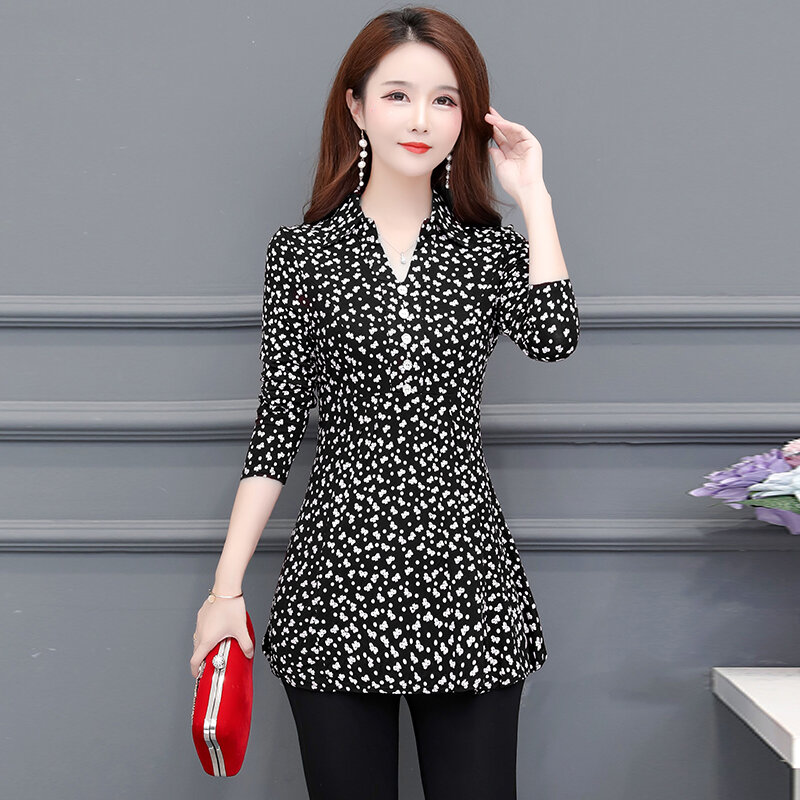 Autumn Basic Shirts Blouses Womens Fashion Elegant Office Lady Button Design Long Sleeve V Neck Tunic Tops 5XL 4XL 3XL A07