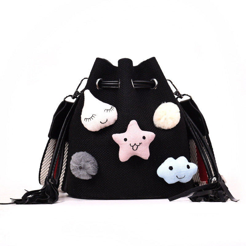 Women Handbags Fashion Rattan Bag cute Cartoon Woven Drawstring bag Beach Bags For Summer Simple Ladies Crossbody Bag Bucket