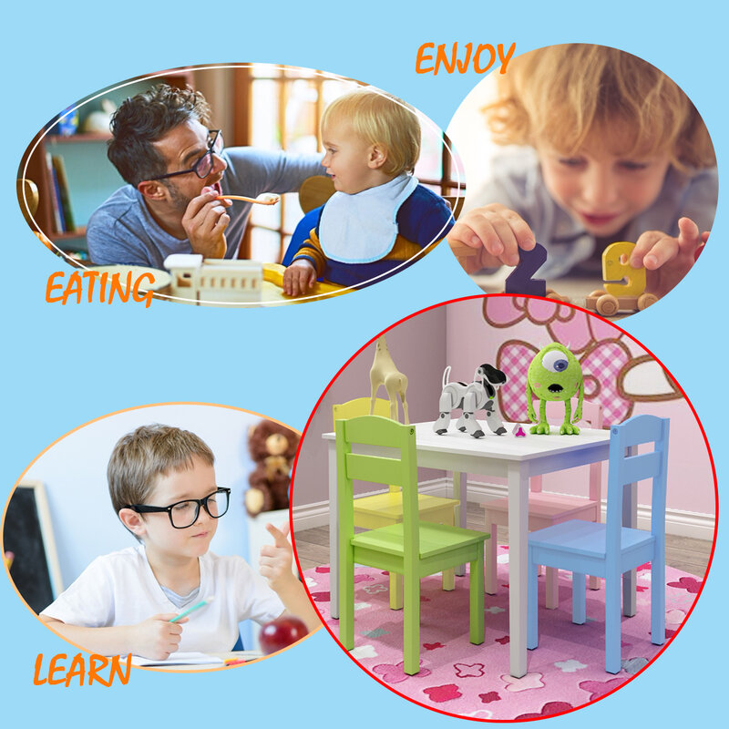 Conjunto Costway-Wood Mesa e Cadeira para Crianças, Mobiliário Colorido Atividade, Toddler Playroom, 5 PCs
