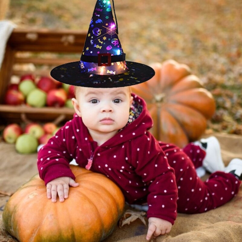 Sombrero de bruja brillante para niños, accesorios de disfraces de Halloween, gorras LED parpadeantes, recuerdos de fiesta, accesorios de Cosplay, 5 colores