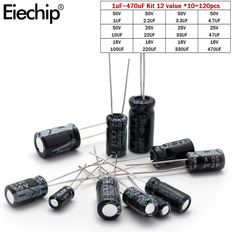 Conjunto de capacitores, 1uf ~ 470uf, 12 valor * 10 pçs, kit de sortimento de capacitor eletrolítico, 16v, 25v, 50v, 1uf, 2.2uf, 3.3uf, 4.7uf, uf, 10uf, 22uf