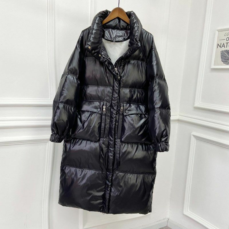 2020 winter women's down jacket fashion new mid-length loose and thin white duck down over-the-knee jacket women
