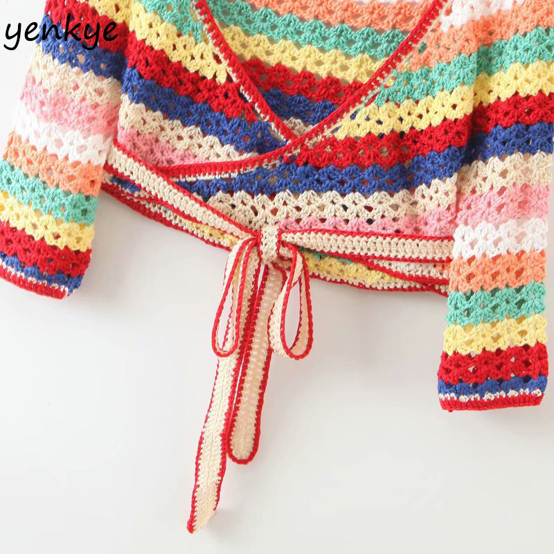 Blusas – tricot à rayures multicolores pour femmes, col en V croisé, manches courtes, Sexy, Boho, été