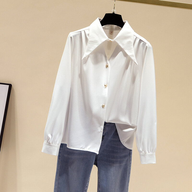 قميص شيفون حريري نسائي ، بلوزة بأزرار ، ياقة على شكل v ، زينة طية صدر السترة ، أكمام منتفخة ، لون نقي ، ربيع 2021