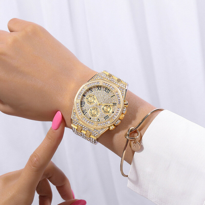 ผู้หญิงหรูหราผู้ชายนาฬิกาควอตซ์ Golden Relogio Feminino Masculino เต็มรูปแบบ Rhinestone นาฬิกา Horloges Vrouwen Montre Homme