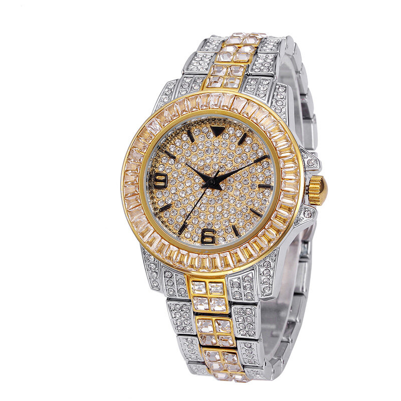 Luksusowy błyszczący diament kamienie męski zegarek 18k pozłacane Ice out Quartz Iced zegarki na rękę dla mężczyzn męski zegarek wodoodporny