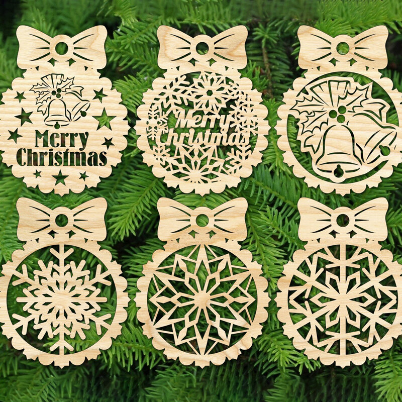 6 juguetes de árbol de Navidad cortados con láser, diseño vectorial 2D, archivos de formato CDR AI, Wong DXF
