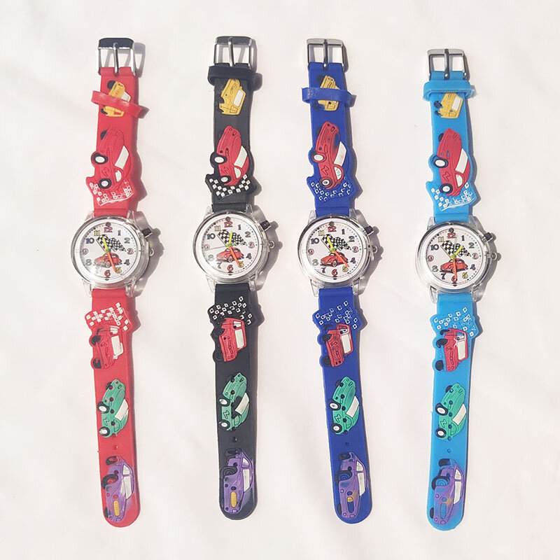 Reloj de pulsera con diseño de coches de dibujos animados para niños, cronógrafo luminoso de cuarzo con correa de silicona, ideal para regalo de cumpleaños