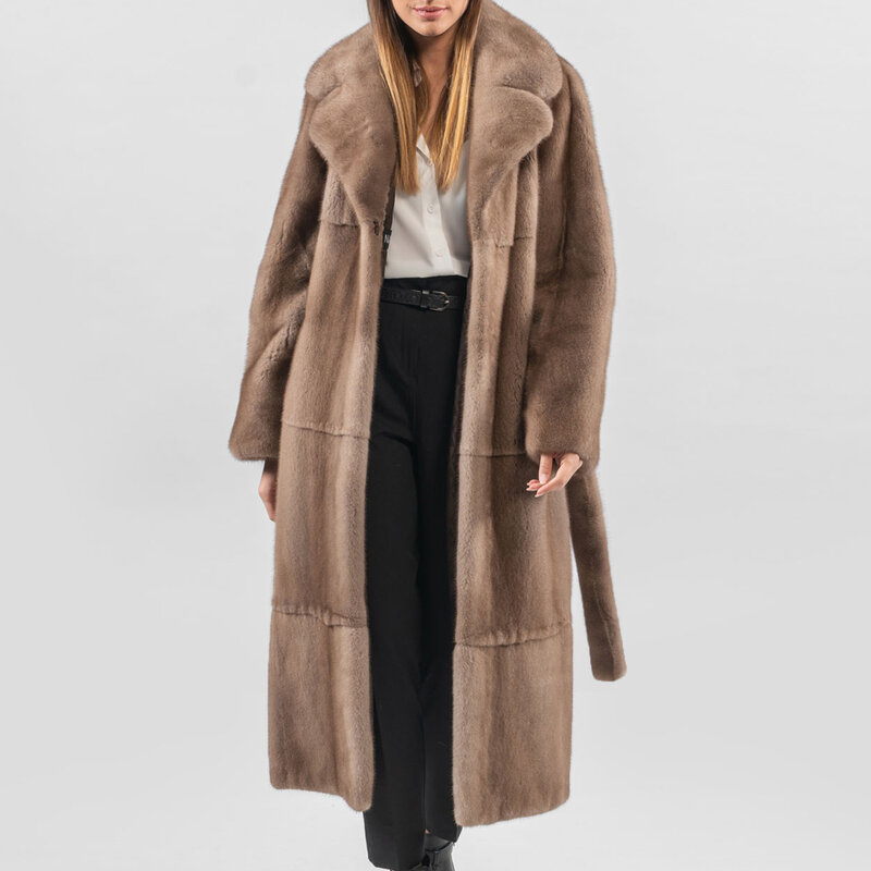 BFFUR 2022 Fashion Long MInk Fur Coat Women High Quality Real Mink Fur Jacket Lapel Collar WIth Fur Belt Coats Natural Female