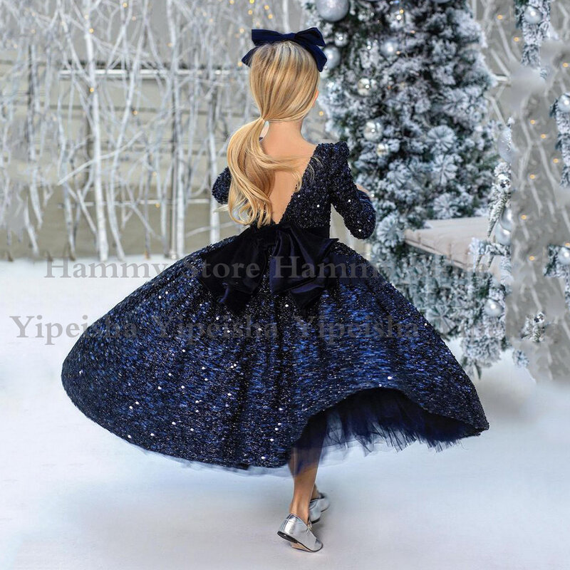 Vestido azul marino de flores para niña, vestido de fiesta de desfile con lentejuelas brillantes, mangas largas, Espalda descubierta, línea A, vestidos de Navidad