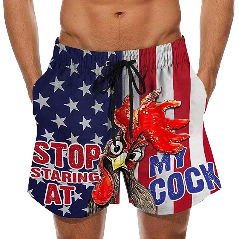 Short ample imprimé drapeau national pour hommes, pantalon de plage avec cordon de serrage, motif coq, short d'été respirant