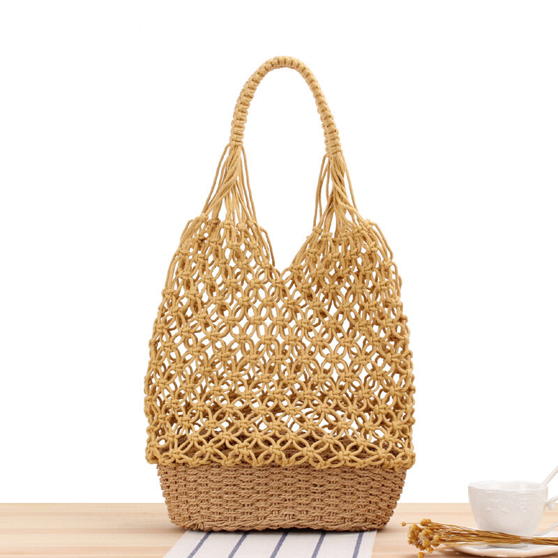 Handmade Woven Mesh Straw Bag, Lazer Summer Beach Bag, Bolsa estilo floresta
