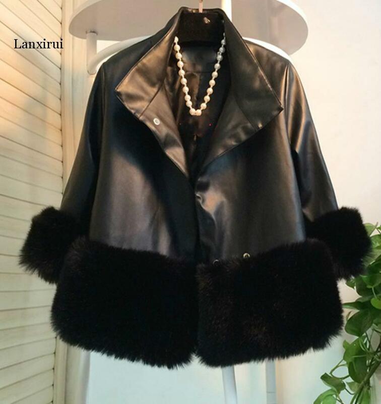 3XL! 厚手の合成皮革パッチワークコート,女性用の暖かい毛皮のコート,秋冬