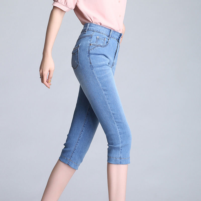 Calça jeans reta azul feminina, jeans skinny casual, lavada bem, jeans curto com comprimento de panturrilha, capris de verão, novo, 2022