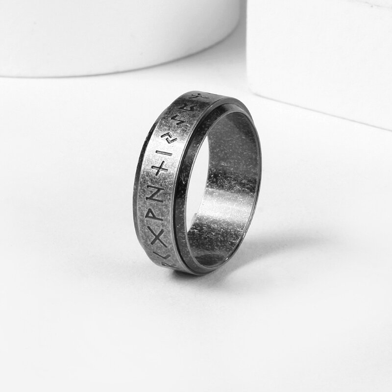 Retro Punk Viking Runes Stainless Steel Rings for Men 8mm Wedding Band Casual Jewelry,Stress Release Accessory Man Gift