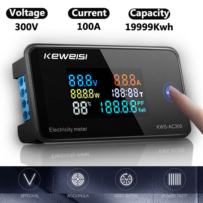 Цифровой вольтметр, амперметр переменного тока 50-300 В,Keweisi - KWS-AC300-100A Вольтметр - Амперметр - Ваттметр，измеритель мощности и энергии со светодиодный ным дисплеем, вольтметр, мультиметр 0-A