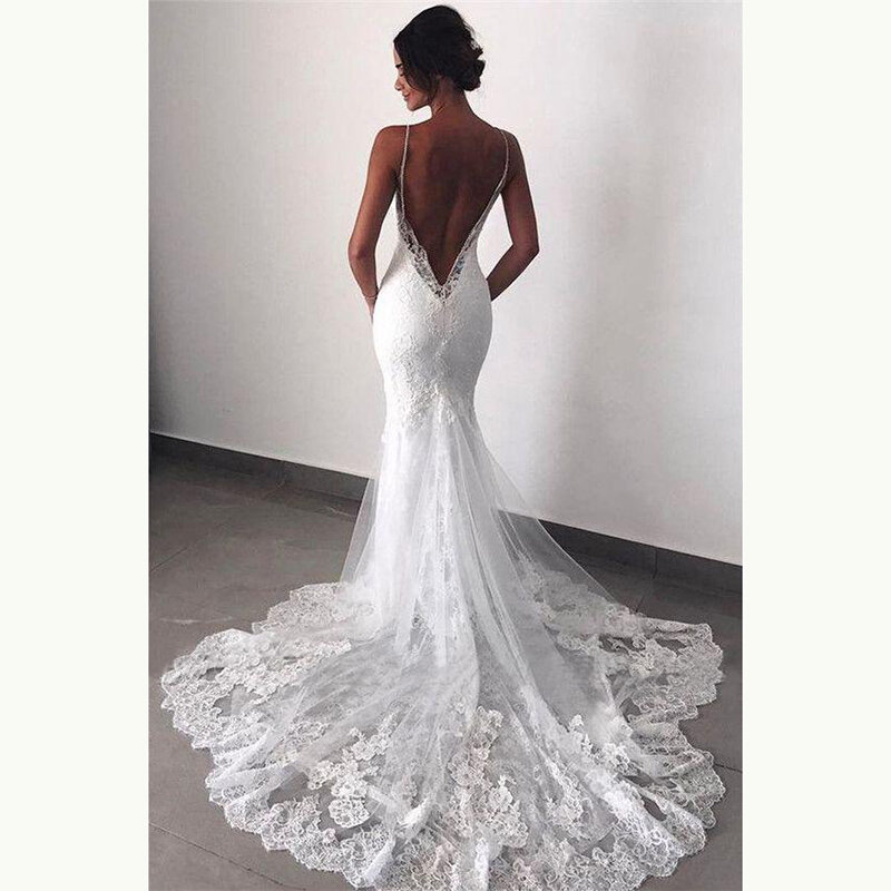Vestido de noiva estilo sereia, sexy, branco, com renda, abertura nas costas, alças espaguete, apliques, elegante, vintage