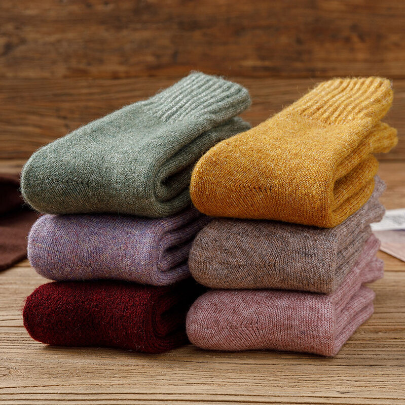 Meias de lã merino grossa quente para mulheres Harajuku retrô resistente ao frio, meias casuais de caxemira monocromáticas, moda inverno, 5 pares