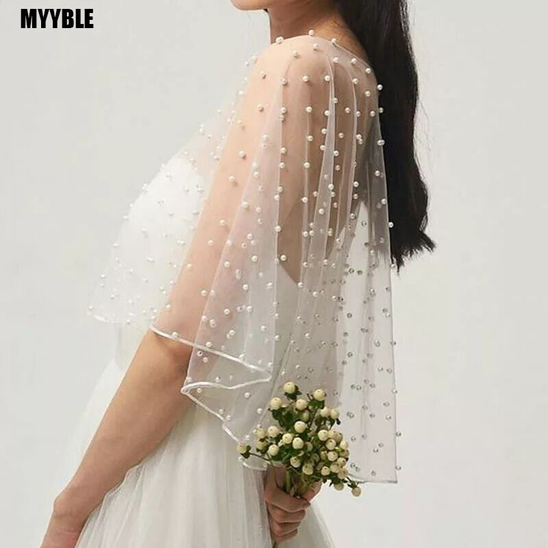 MYYBLE-capa de boda con perlas para mujer, Bolero corto con parte delantera y trasera larga, chal envolvente de noche, accesorios de boda, 2024
