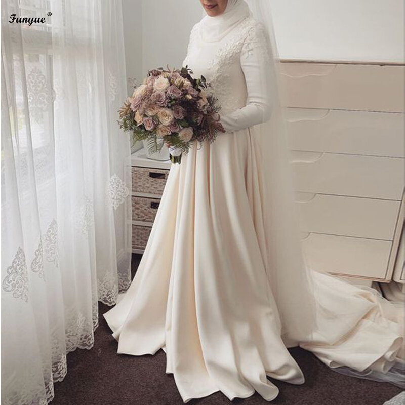 Elfenbein Muslim Brautkleider Lange Ärmel A-linie Appliques Satin Hijab Brautkleider für Braut 2022 Robe De Soirée De Mariage