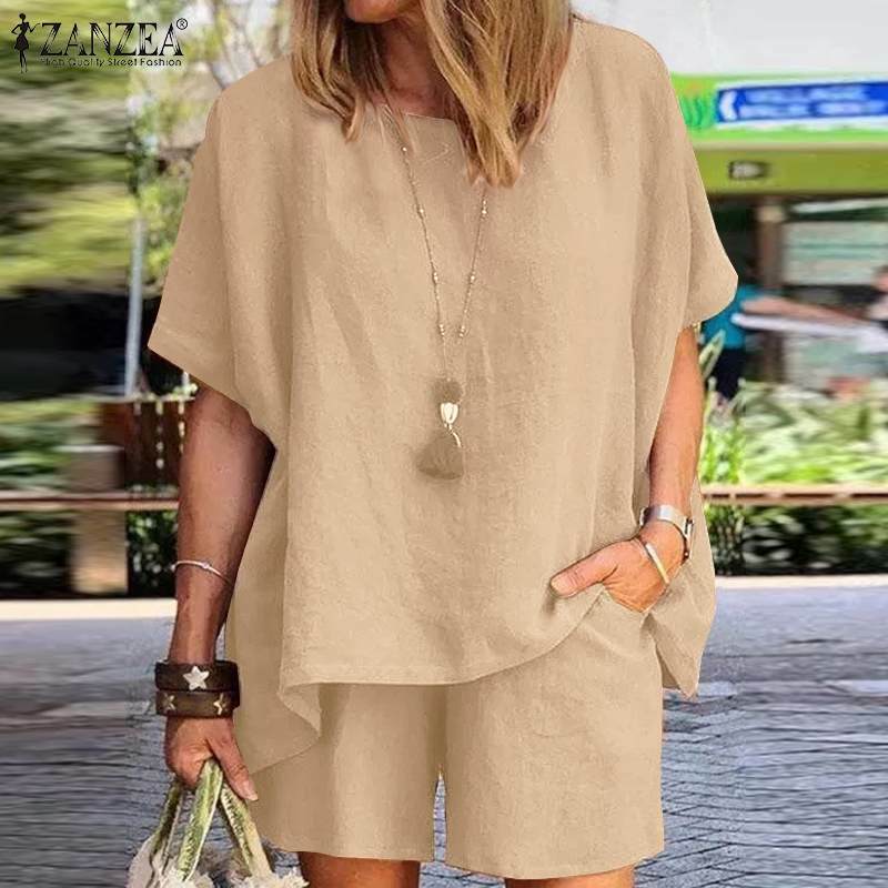 Szorty damskie garnitury ZANZEA letnia koszulka z krótkim rękawkiem topy luźne Mini szorty dwuczęściowy pasujący zestaw Streetwear dres codzienny
