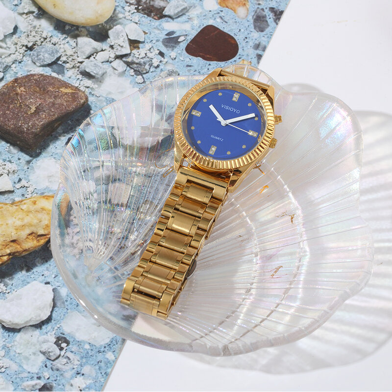 Voce francese orologio con funzione di allarme, data di chiamata e il tempo, quadrante blu, fibbia pieghevole, oro caseTAG-601