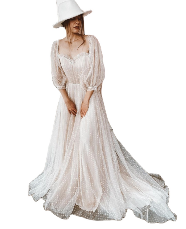 Hochzeit Kleid Schatz A-Line Stunning Langarm Puff Sweep Zug Robe De Mariee Brautkleider Punkt Net Für Dame Graceful